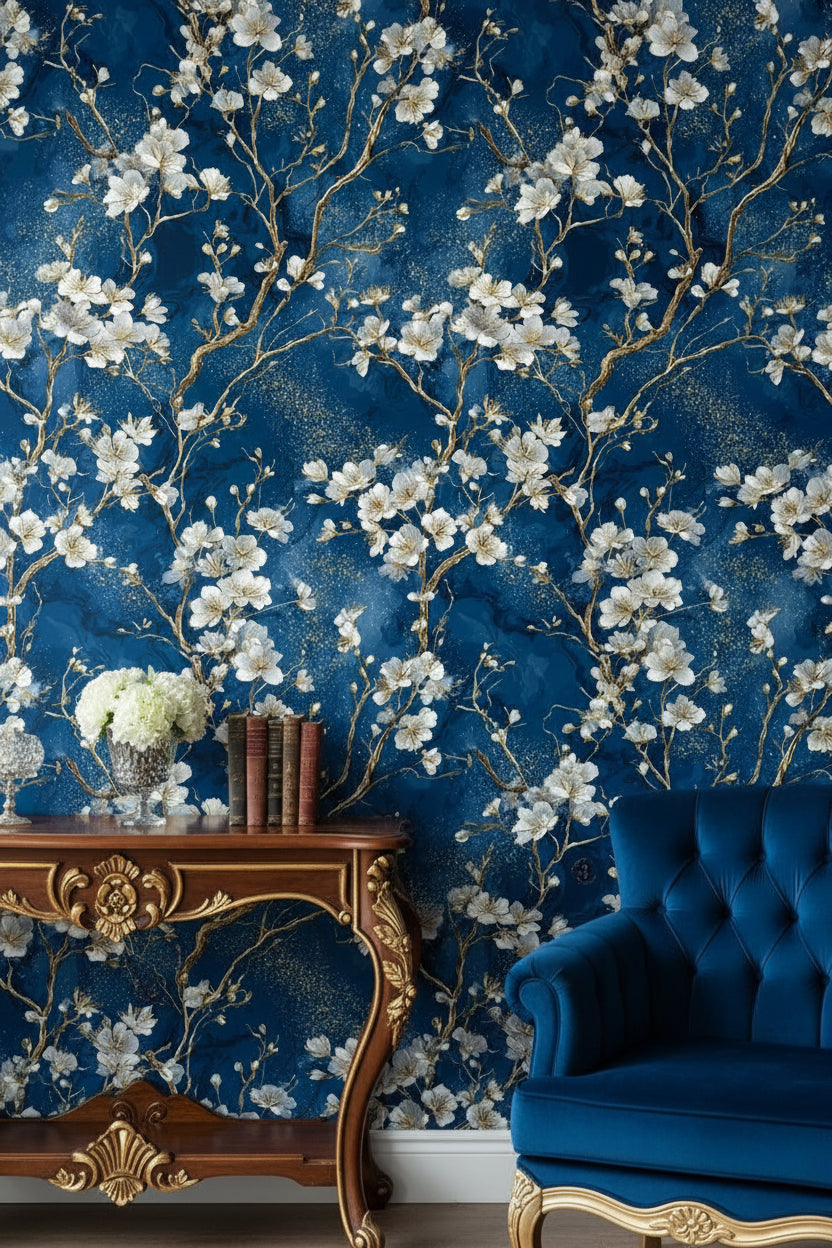 Dark Midnight Blue Cherry Blossom Wallpaper