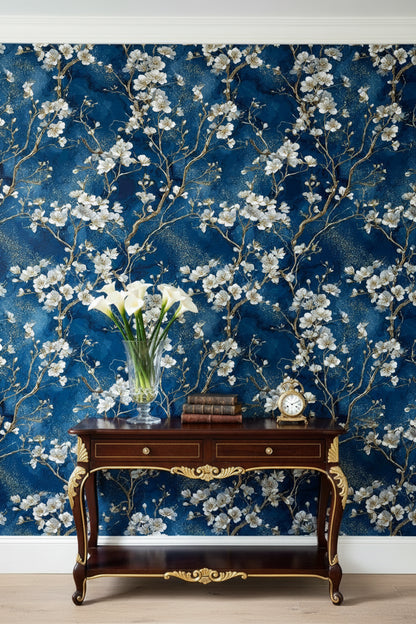 Dark Midnight Blue Cherry Blossom Wallpaper
