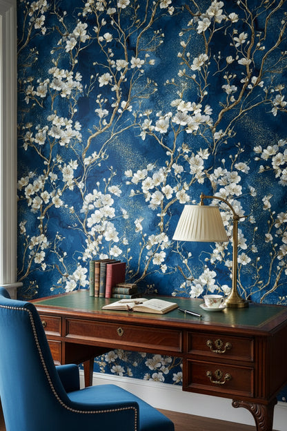 Dark Midnight Blue Cherry Blossom Wallpaper