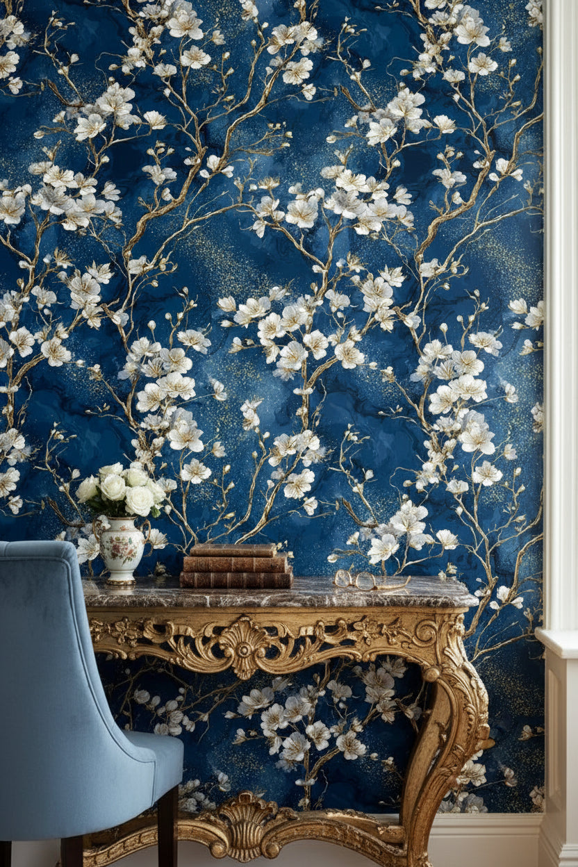 Dark Midnight Blue Cherry Blossom Wallpaper