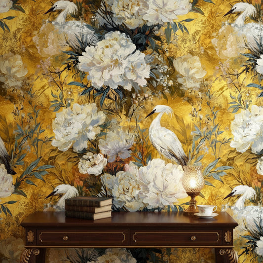 Opulent Gold Look Peony and Egret Floral Wallpaper