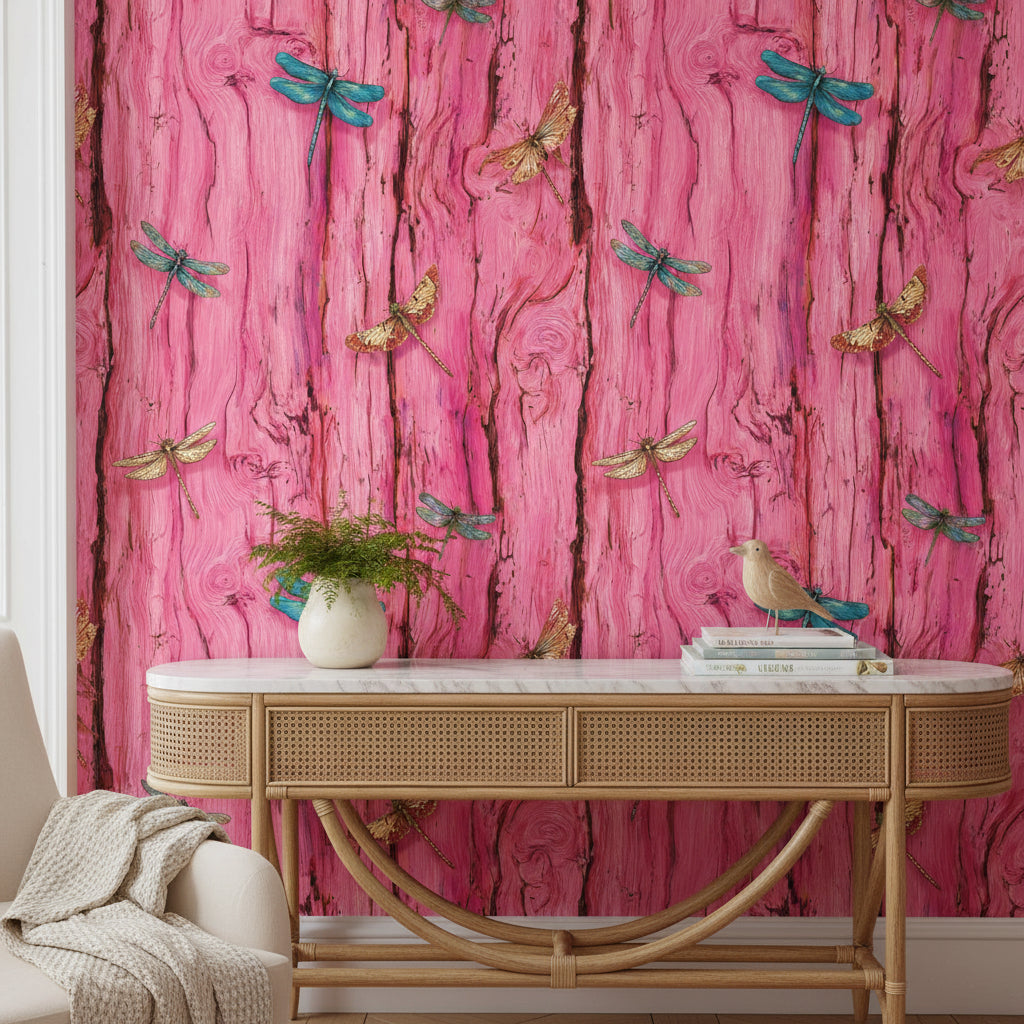 Vivid Pink Dragonfly and Woodgrain Pattern Wallpaper