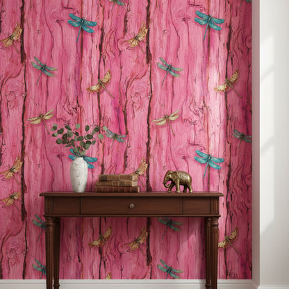 Vivid Pink Dragonfly and Woodgrain Pattern Wallpaper