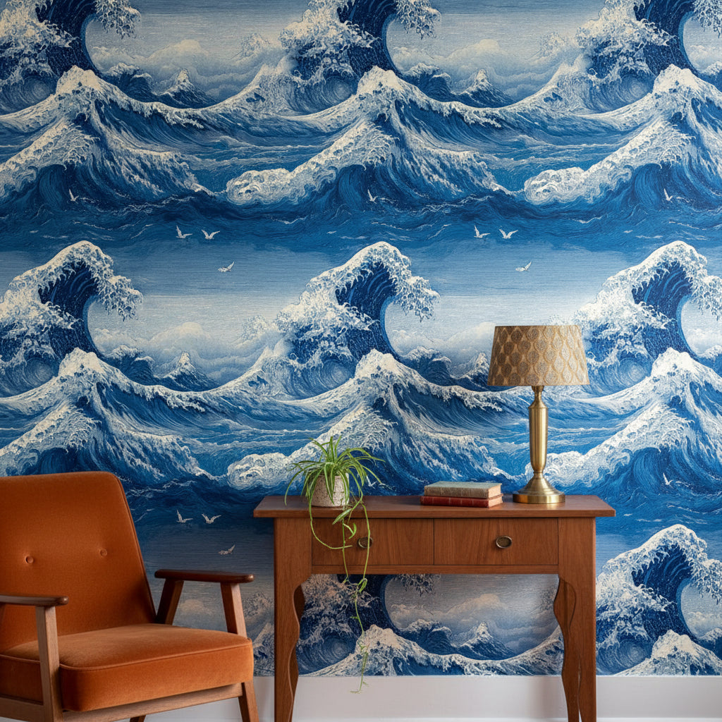 Deep Blue Japanese Wave Wallpaper