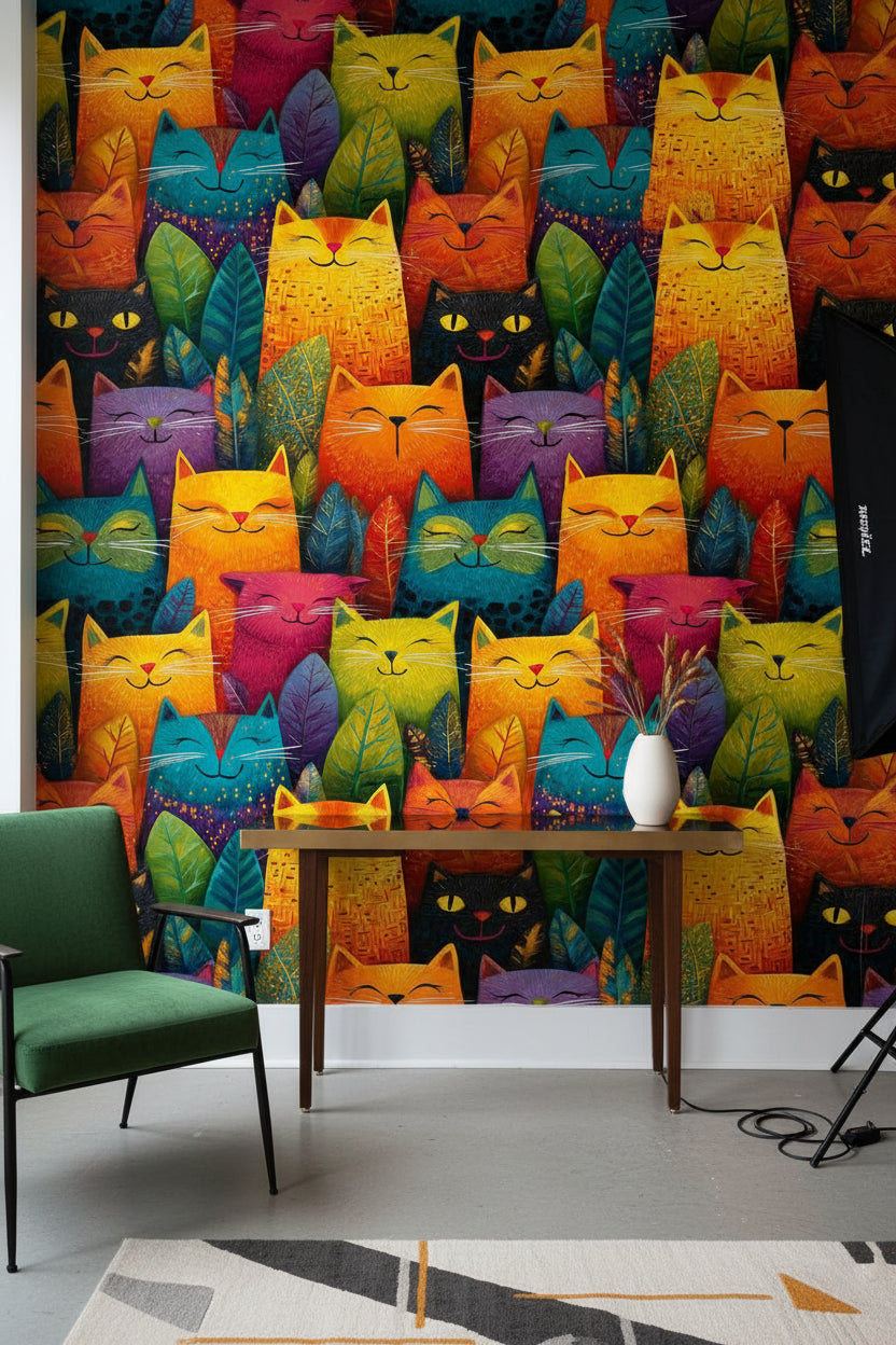 Vibrant Multicolor Abstract Cat Pattern Wallpaper
