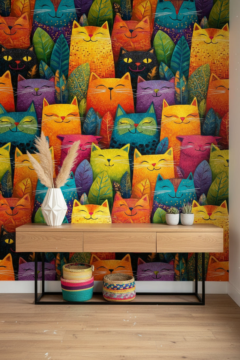 Vibrant Multicolor Abstract Cat Pattern Wallpaper