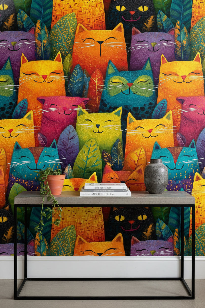 Vibrant Multicolor Abstract Cat Pattern Wallpaper