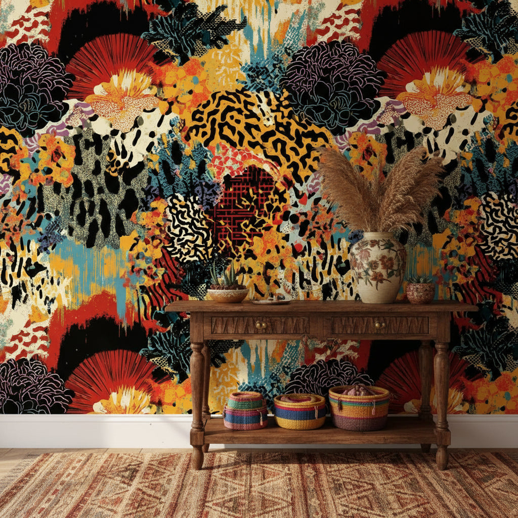Bold Multicolor Abstract Tropical Floral Wallpaper