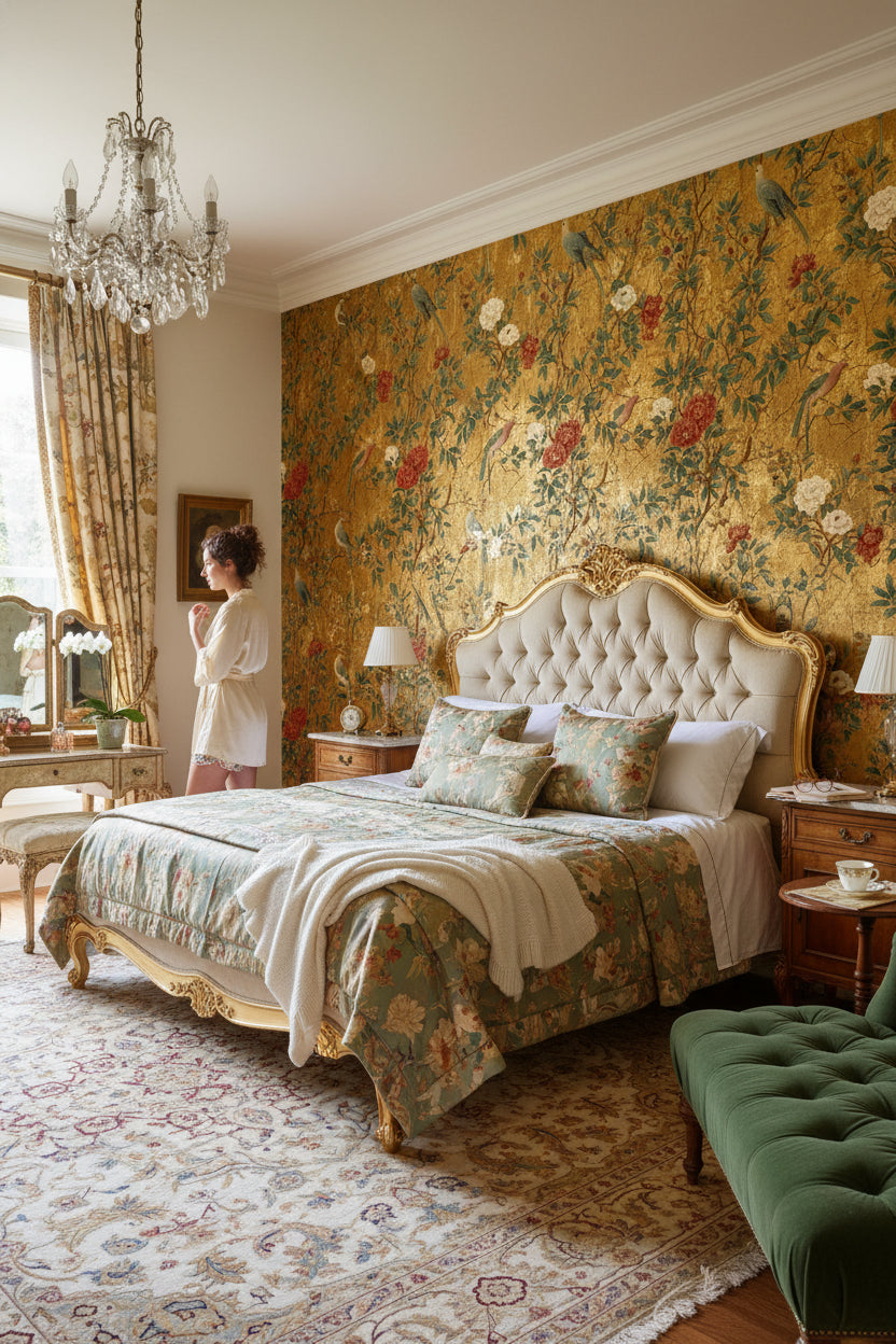 Rich Gold Look Chinoiserie Peony and Bird Wallpaper