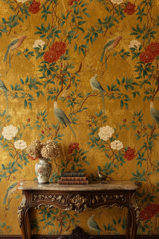 Rich Gold Look Chinoiserie Peony and Bird Wallpaper