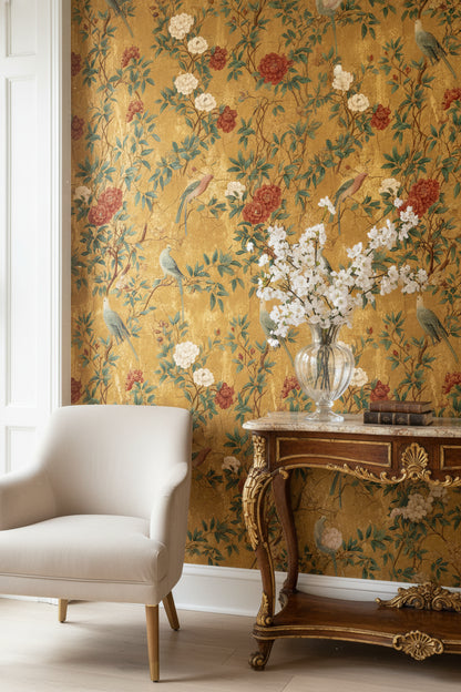 Rich Gold Look Chinoiserie Peony and Bird Wallpaper