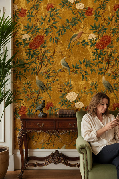 Rich Gold Look Chinoiserie Peony and Bird Wallpaper