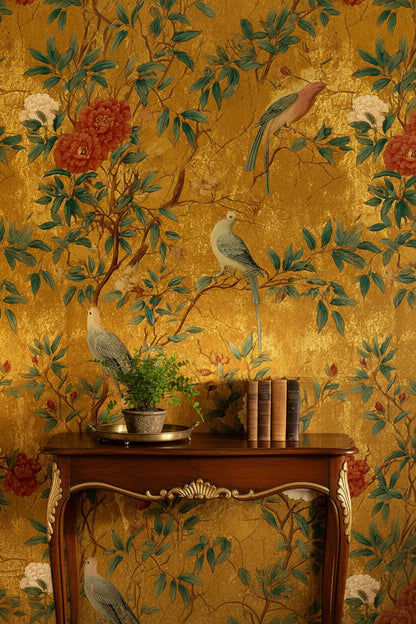 Rich Gold Look Chinoiserie Peony and Bird Wallpaper