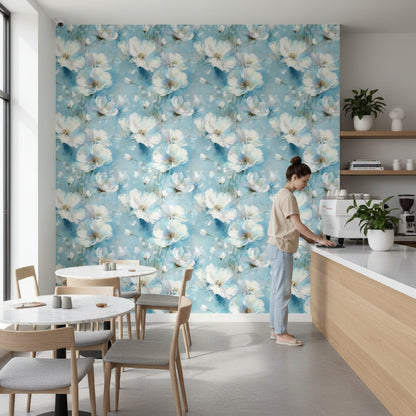 Sky Blue Large White Blossom Floral Wallpaper