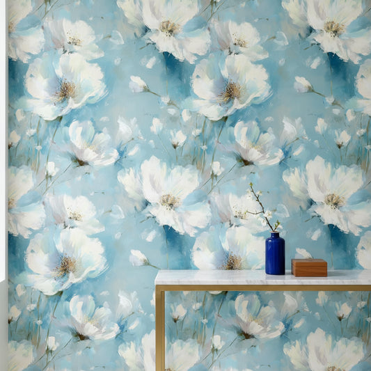 Sky Blue Large White Blossom Floral Wallpaper