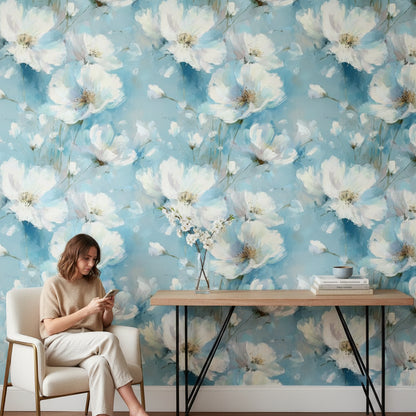 Sky Blue Large White Blossom Floral Wallpaper