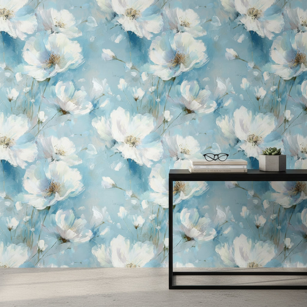 Sky Blue Large White Blossom Floral Wallpaper