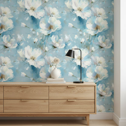 Sky Blue Large White Blossom Floral Wallpaper