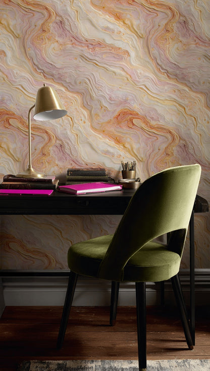 Warm Cream and Orange Marble Swirl Wallpaper