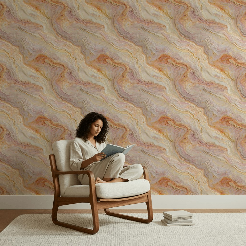 Warm Cream and Orange Marble Swirl Wallpaper