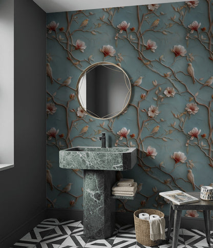 Muted Blue Cherry Blossom and Bird Wallpaper
