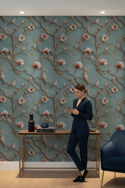 Muted Blue Cherry Blossom and Bird Wallpaper