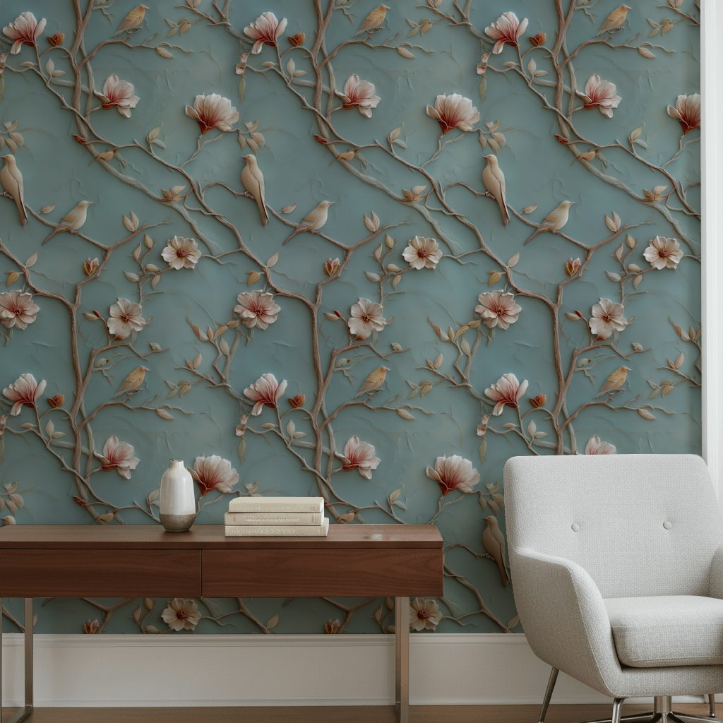 Muted Blue Cherry Blossom and Bird Wallpaper