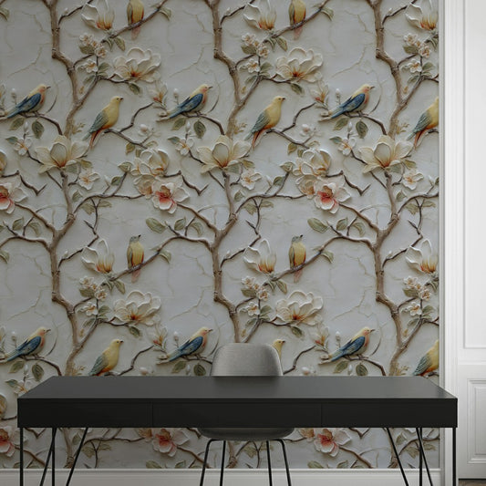 Cream Chinoiserie Magnolia and Bird Wallpaper