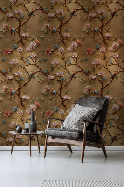 Golden Look Magnolia with Birds Luxury Wallpaper