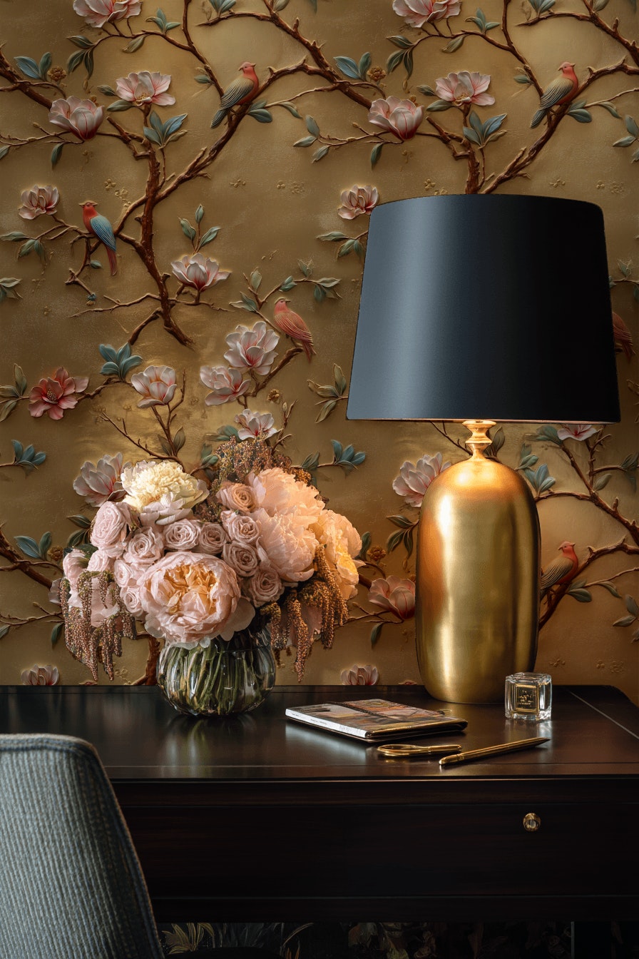 Golden Look Magnolia with Birds Luxury Wallpaper