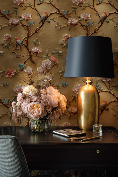 Golden Look Magnolia with Birds Luxury Wallpaper