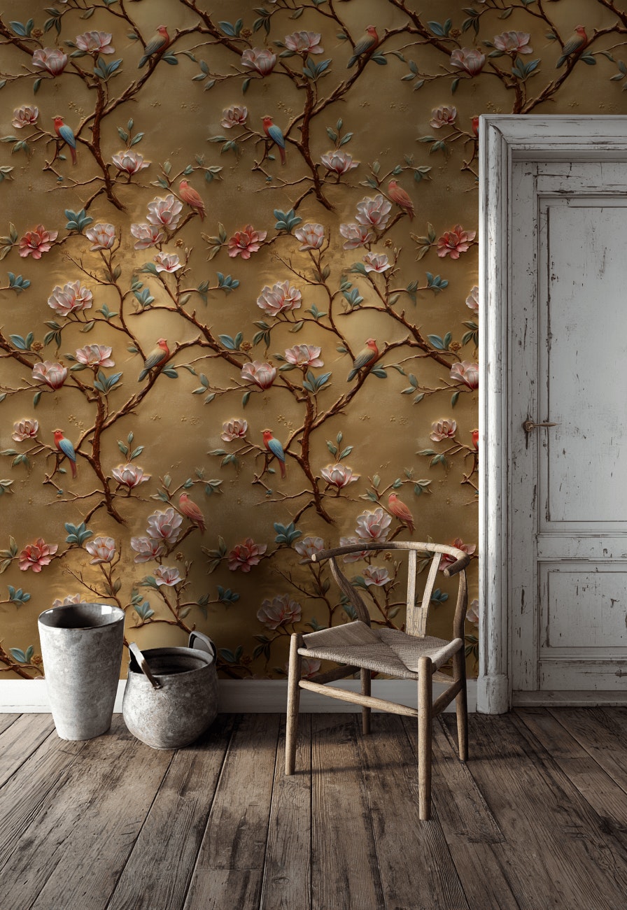 Golden Look Magnolia with Birds Luxury Wallpaper