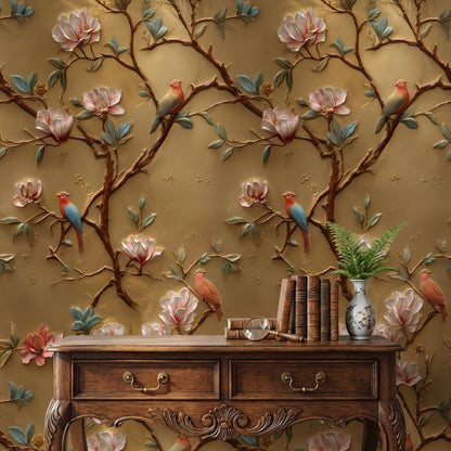 Golden Look Magnolia with Birds Luxury Wallpaper