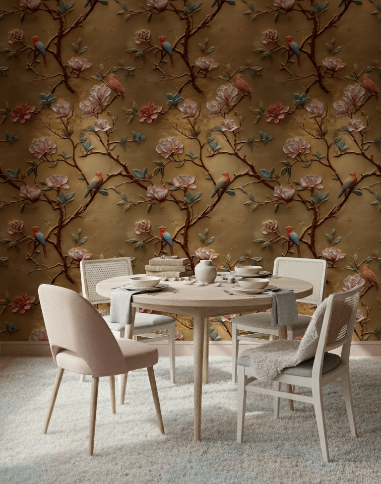 Golden Look Magnolia with Birds Luxury Wallpaper