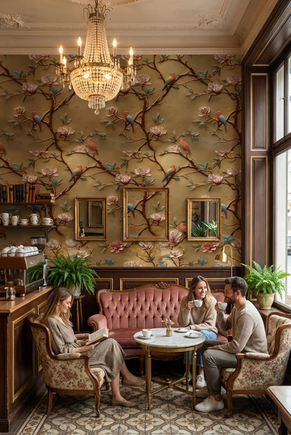 Golden Look Magnolia with Birds Luxury Wallpaper