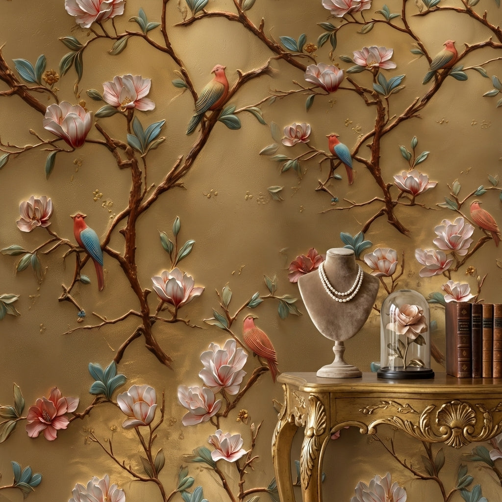 Golden Look Magnolia with Birds Luxury Wallpaper