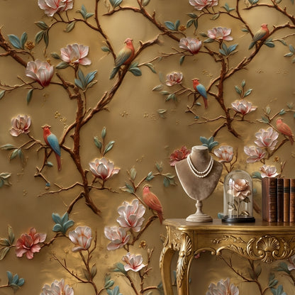 Golden Look Magnolia with Birds Luxury Wallpaper