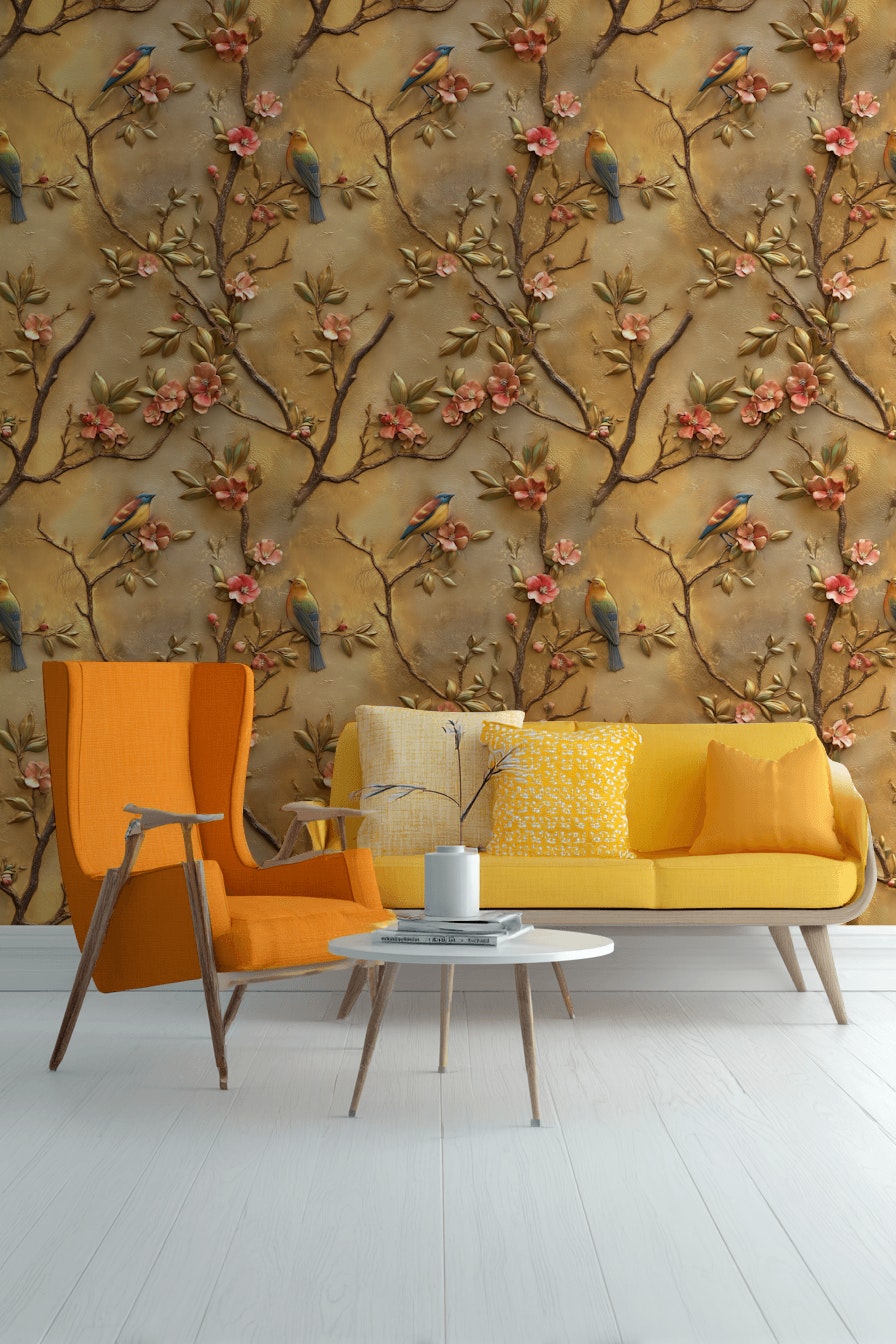 Golden Look Blossom and Bird Vintage Wallpaper