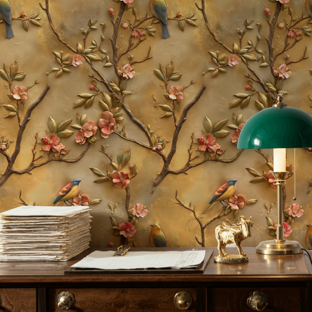 Golden Look Blossom and Bird Vintage Wallpaper