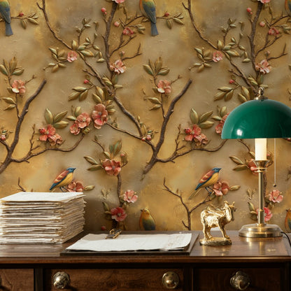 Golden Look Blossom and Bird Vintage Wallpaper