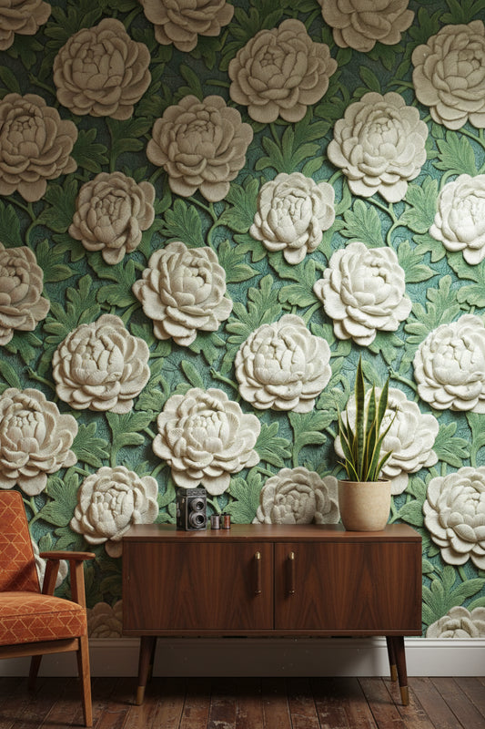 Cream Peony Floral Wallpaper with Green Leaf Motif
