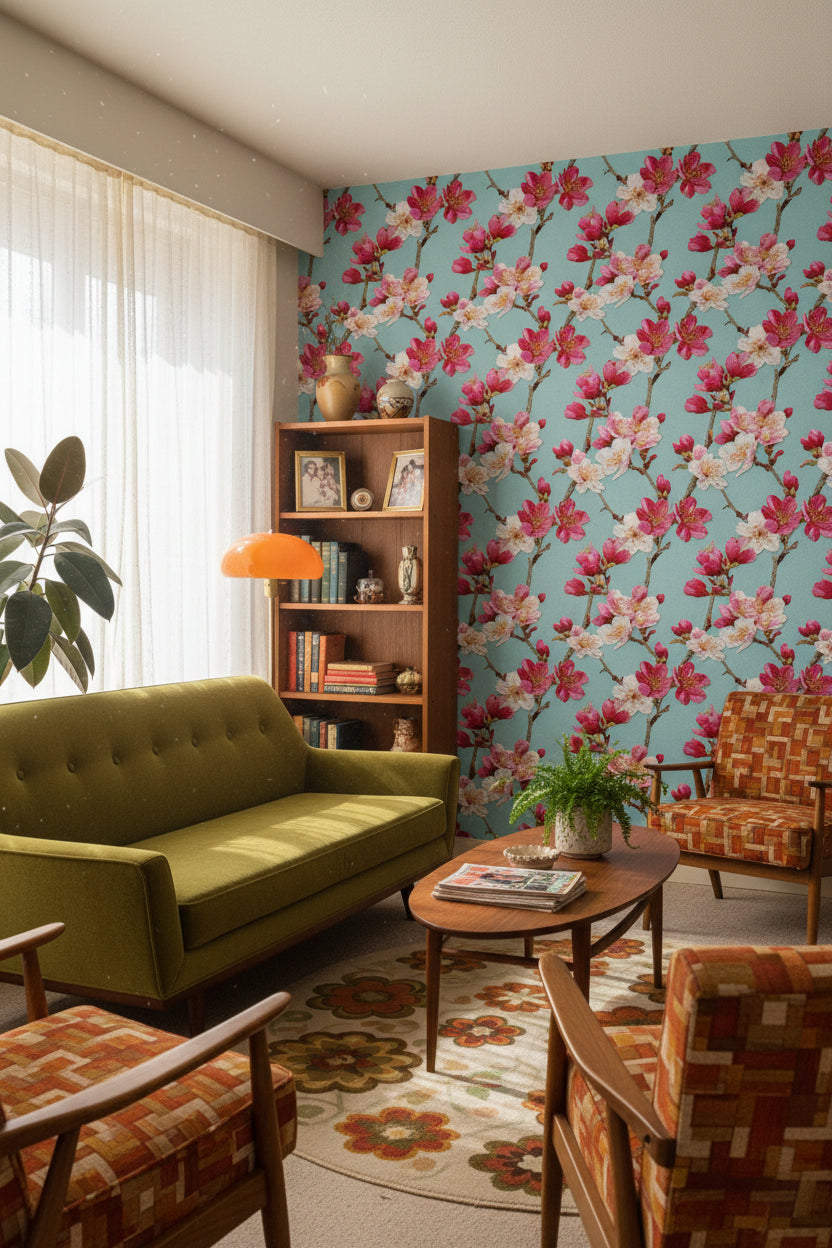 Aqua Blue Cherry Blossom Floral Wallpaper