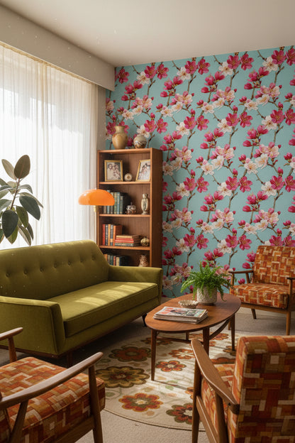 Aqua Blue Cherry Blossom Floral Wallpaper