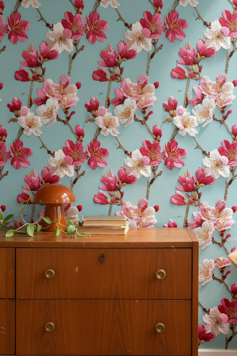 Aqua Blue Cherry Blossom Floral Wallpaper