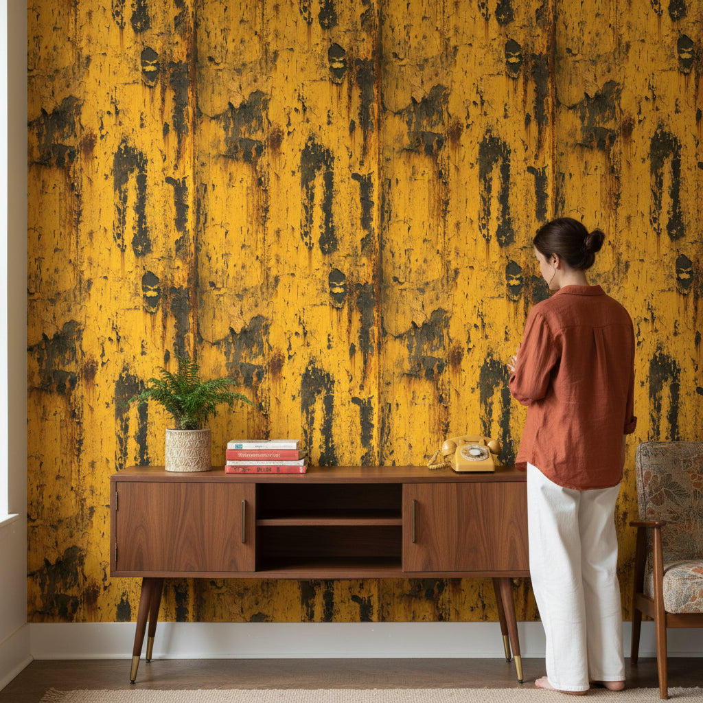 Industrial Yellow Distressed Texture Wallpaper