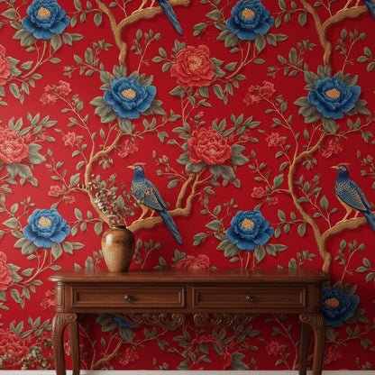 Bold Red Vintage Floral and Bird Wallpaper