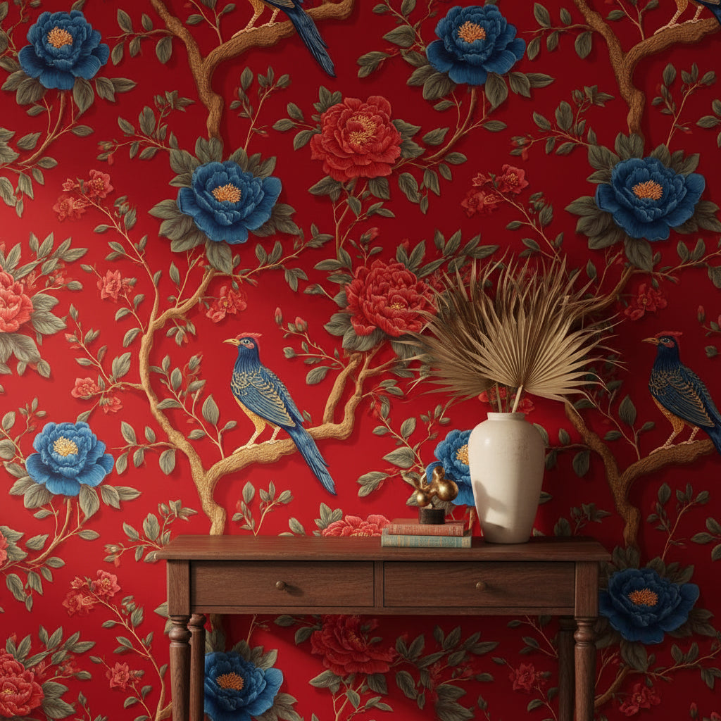 Bold Red Vintage Floral and Bird Wallpaper