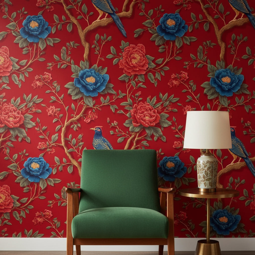 Bold Red Vintage Floral and Bird Wallpaper