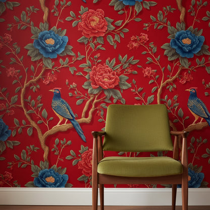Bold Red Vintage Floral and Bird Wallpaper