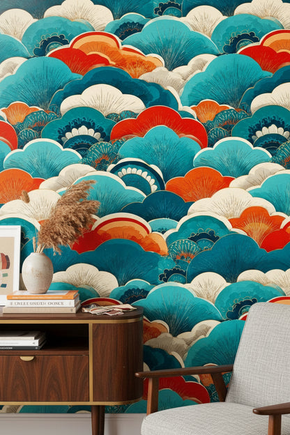 Vibrant Teal and Orange Japanese Wave Wallpaper